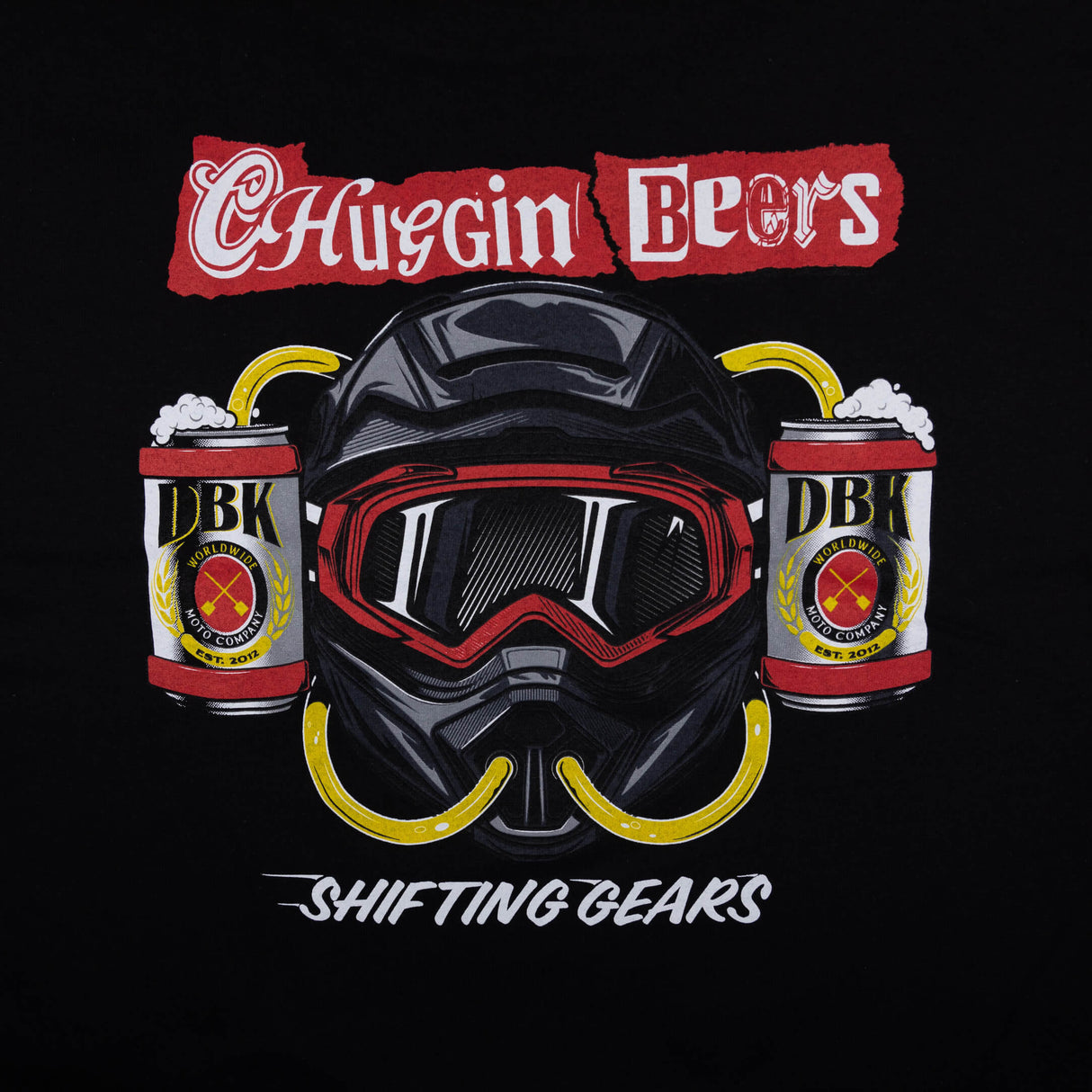Black Shifting Gears tee close-up of beer-can helmet graphic with SHIFTING GEARS text