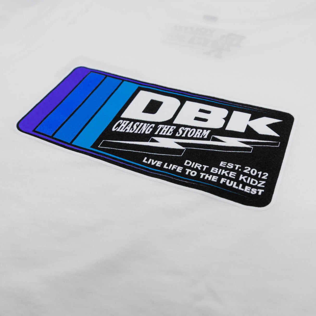 Youth premium tee logo graphic close-up, white with DBK text and stripes