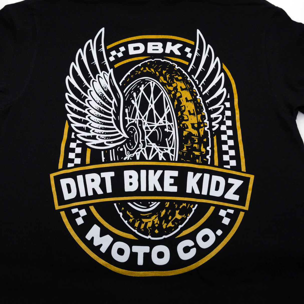 Youth premium black tee with large Dirt Bike Kidz Moto Co winged back graphic.