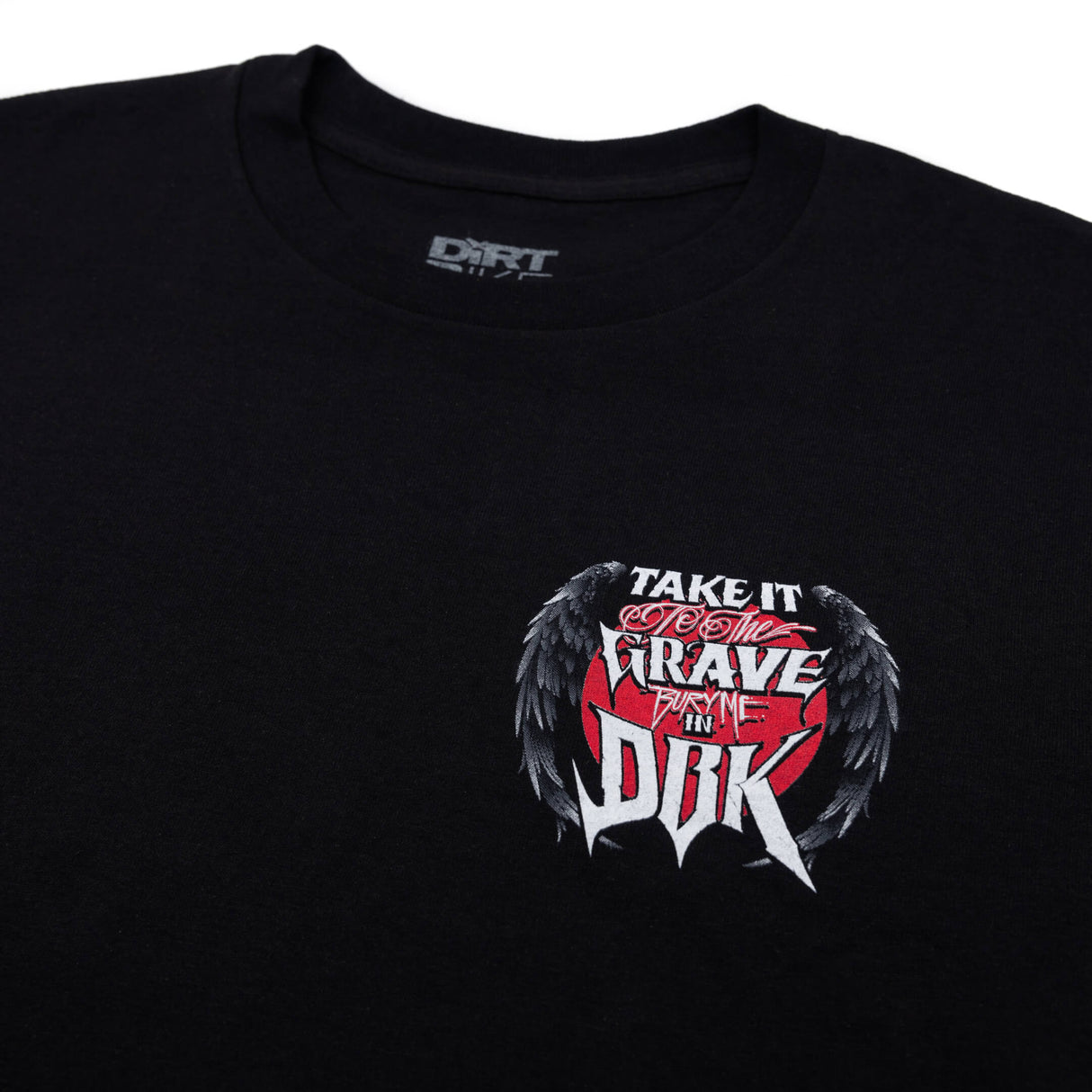 Black graphic T-shirt with small front chest print of skull, wings, and red text