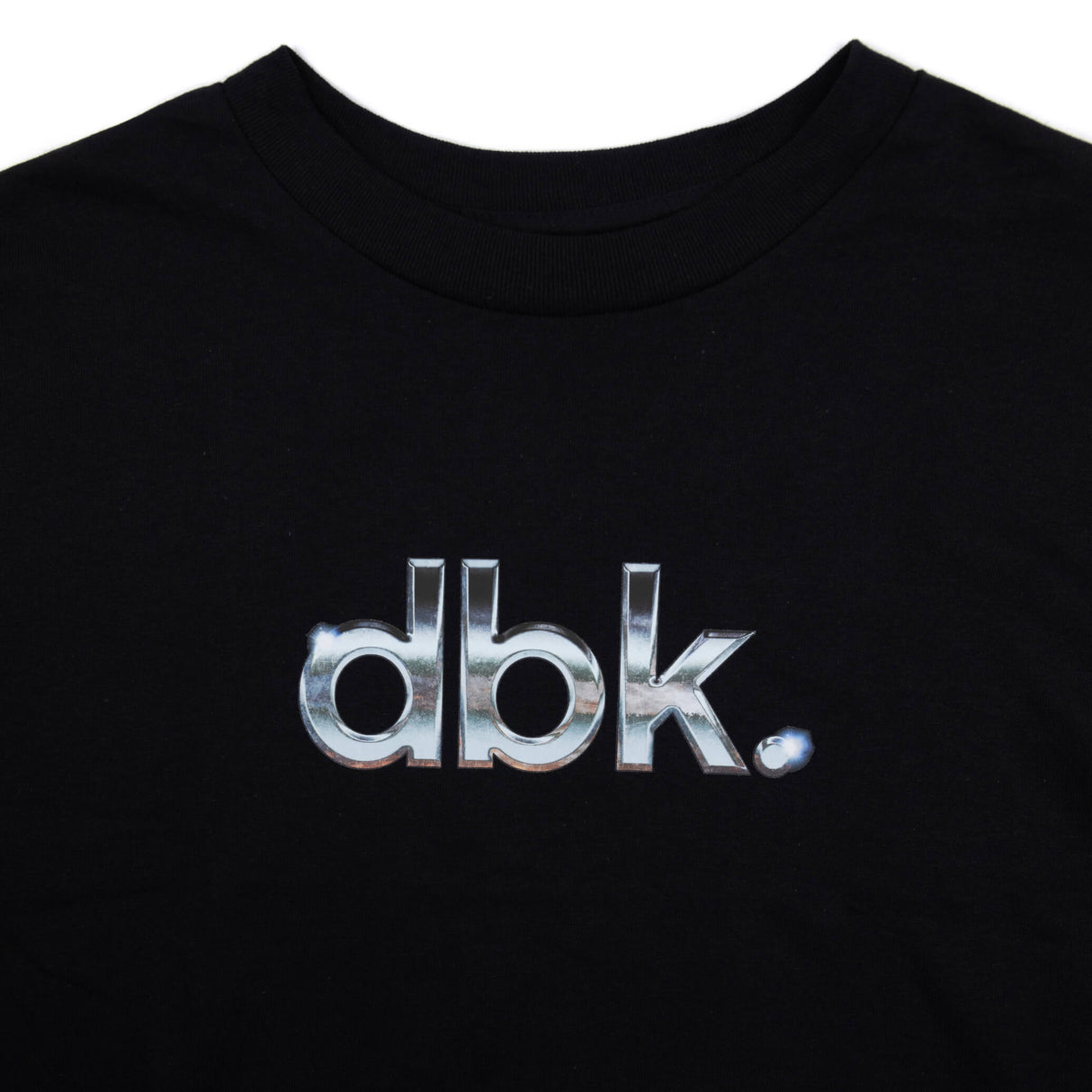 Black crewneck T-shirt neckline with large metallic silver dbk logo lettering.