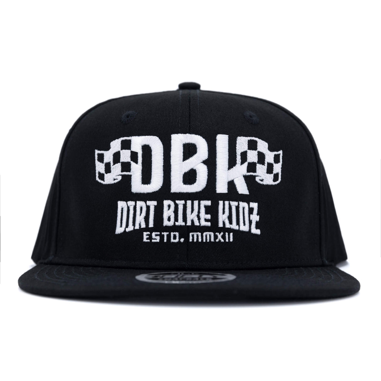 Black snapback cap showing white DBK logo and 'DIRT BIKE KIDEZ' text