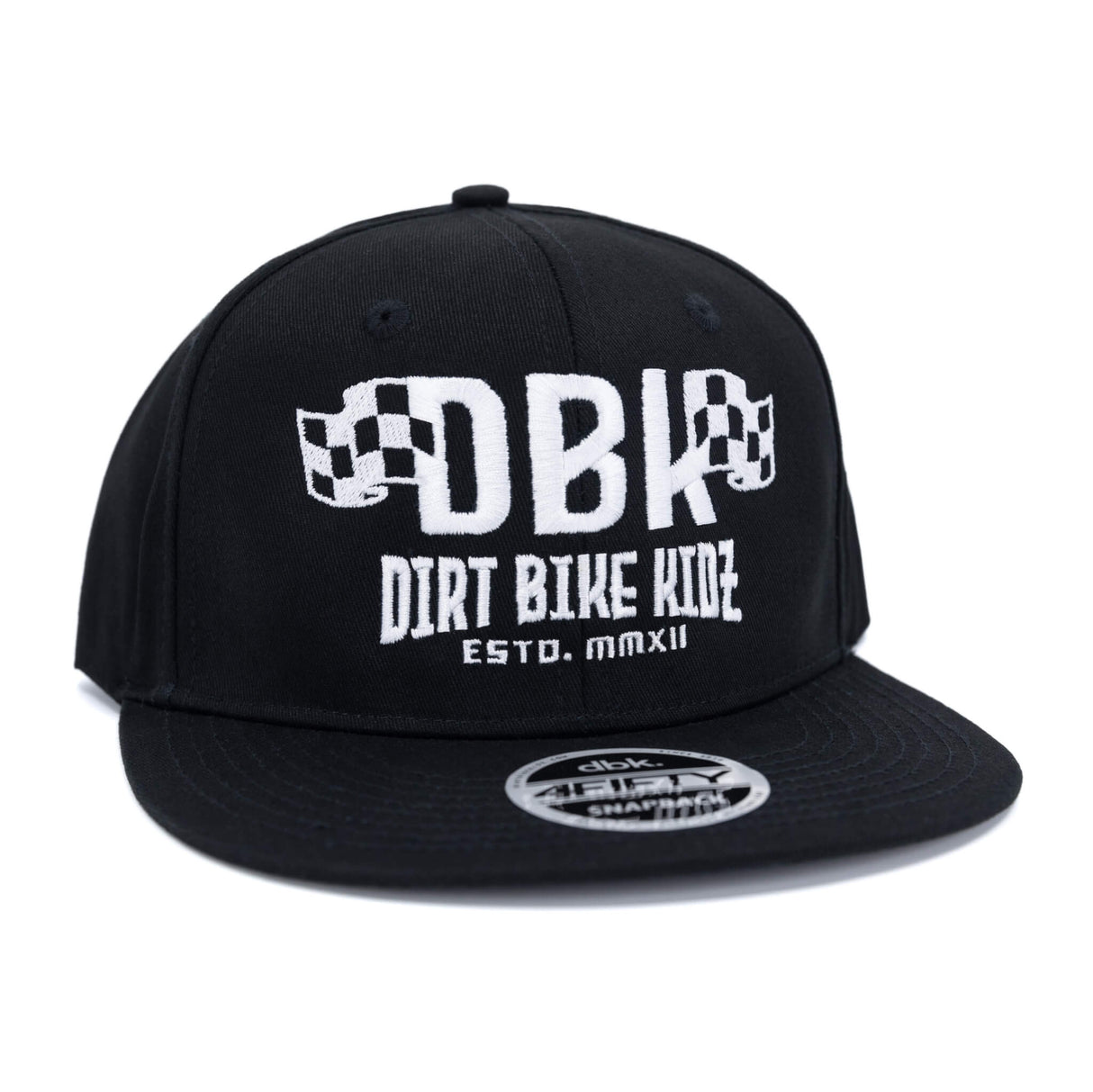 Black snapback cap front view with white DBK logo and 'DIRT BIKE KIDEZ' graphic
