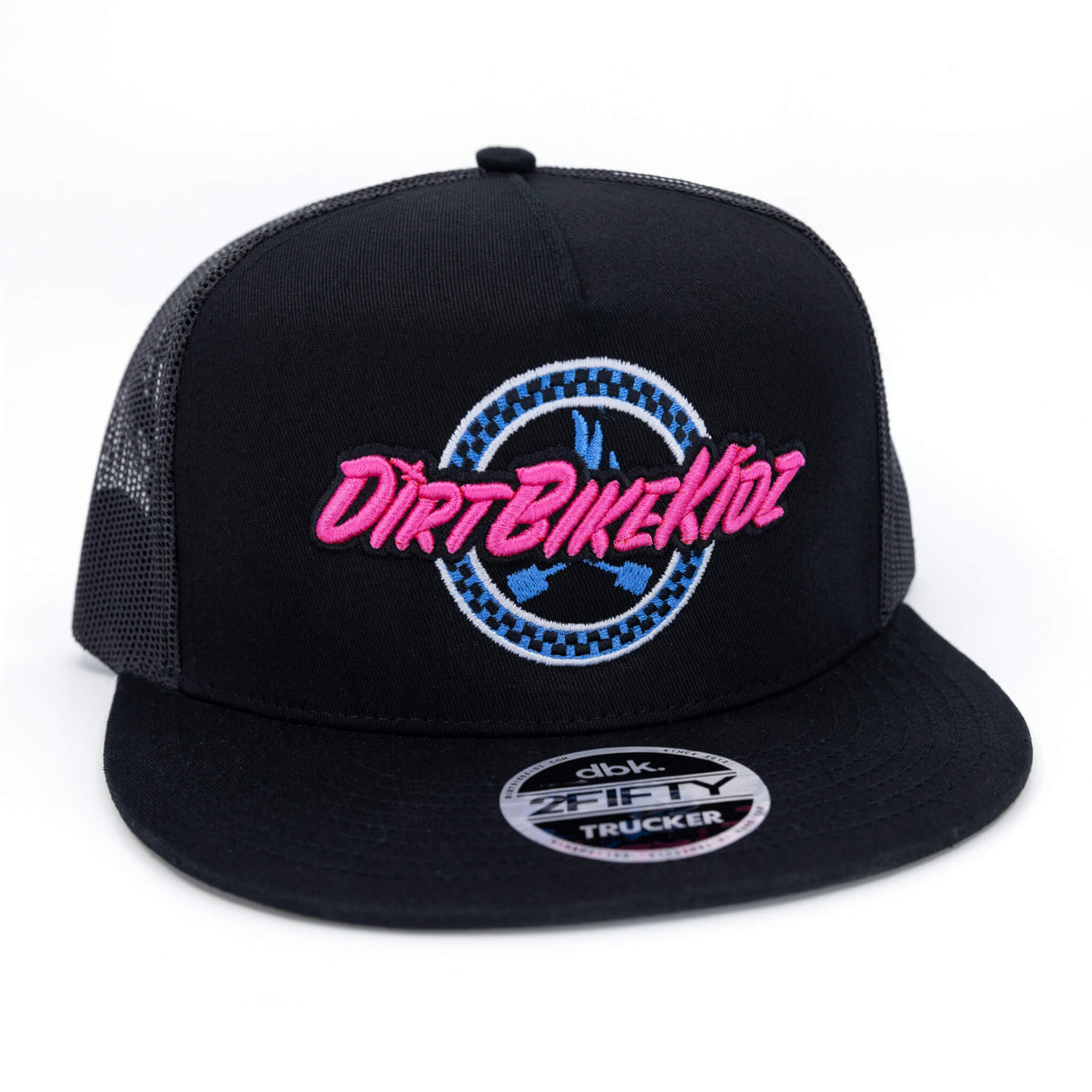 Black trucker cap front view with embroidered pink script logo and blue emblem