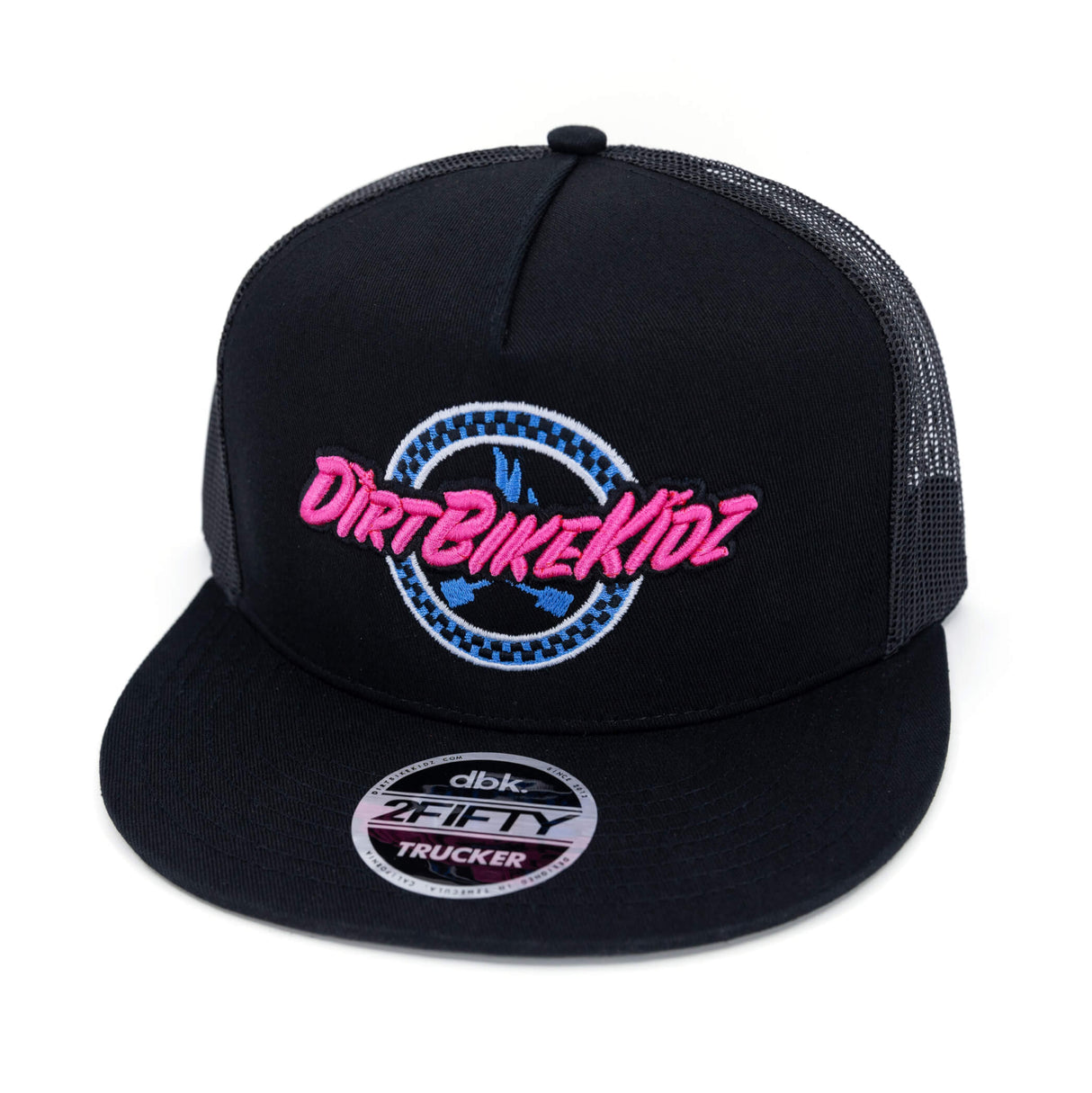 Black trucker cap front with mesh back, pink-and-blue circular logo, and white patch