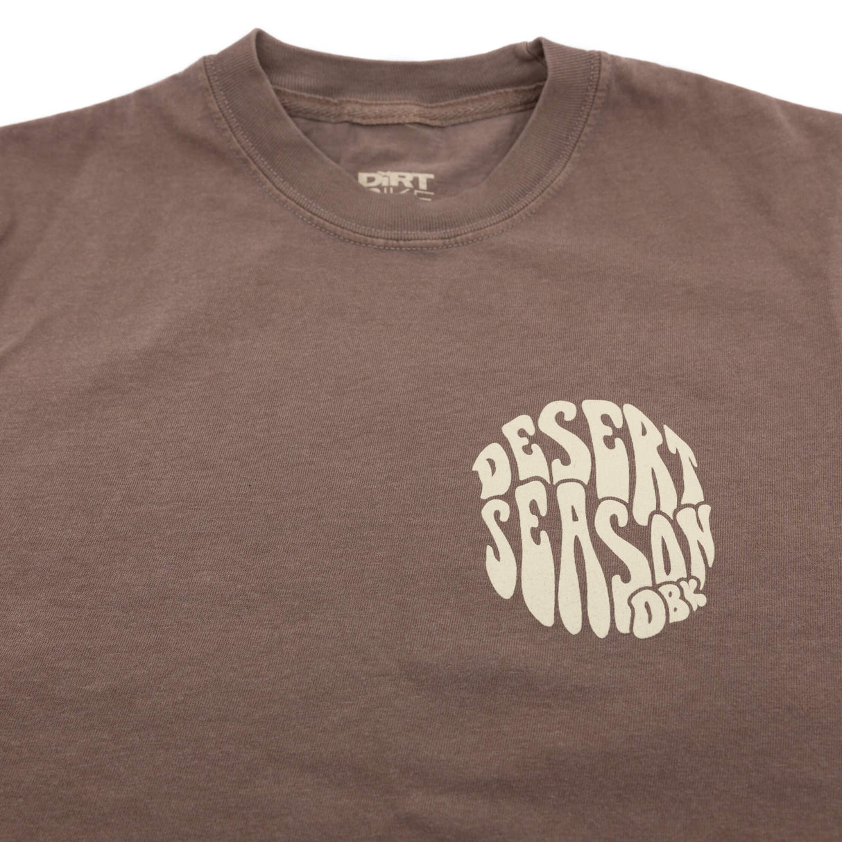 Brown womens crew-neck T-shirt with Desert Season logo printed on chest