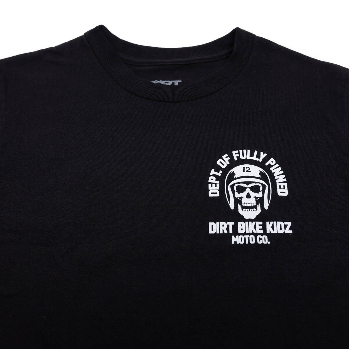 Black kids graphic tee front view with small chest helmet skull logo print.