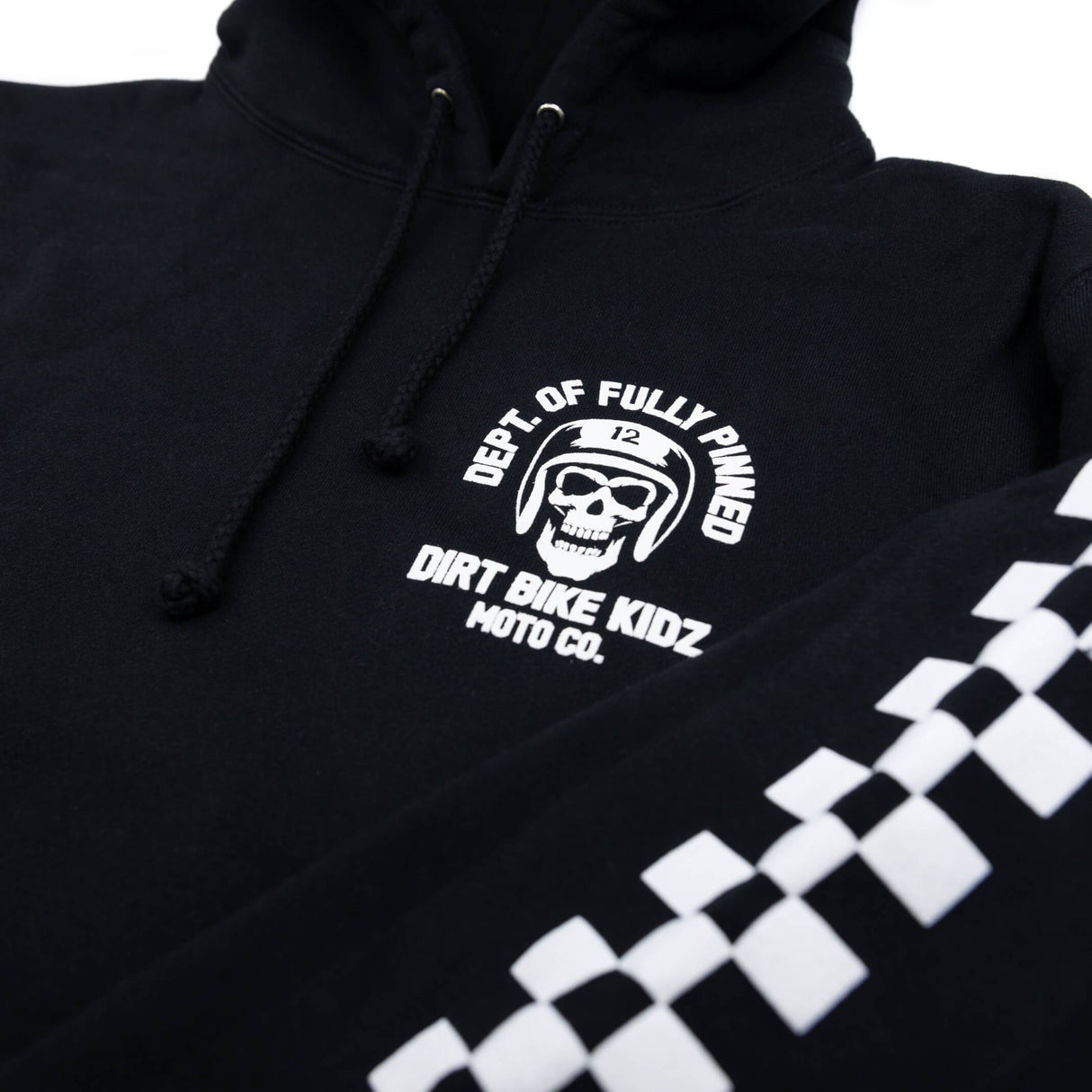 Black hoodie with embroidered chest logo and checkerboard sleeve graphic detail.