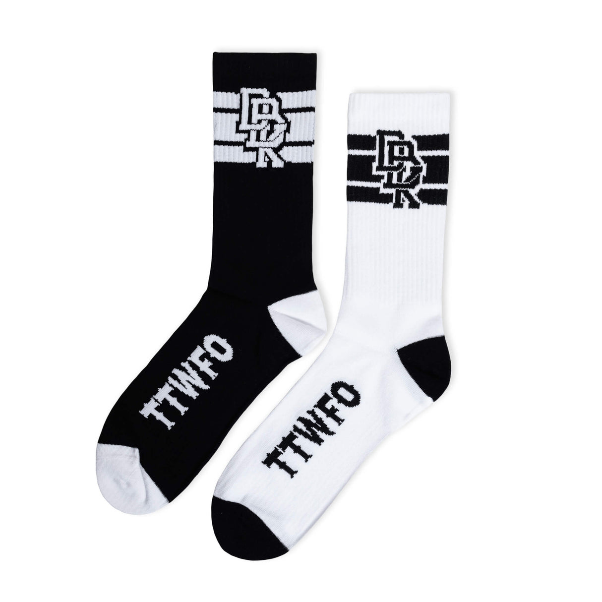 2-pack crew socks in black and white with top graphic and “TTWTF” lettering at ankle.