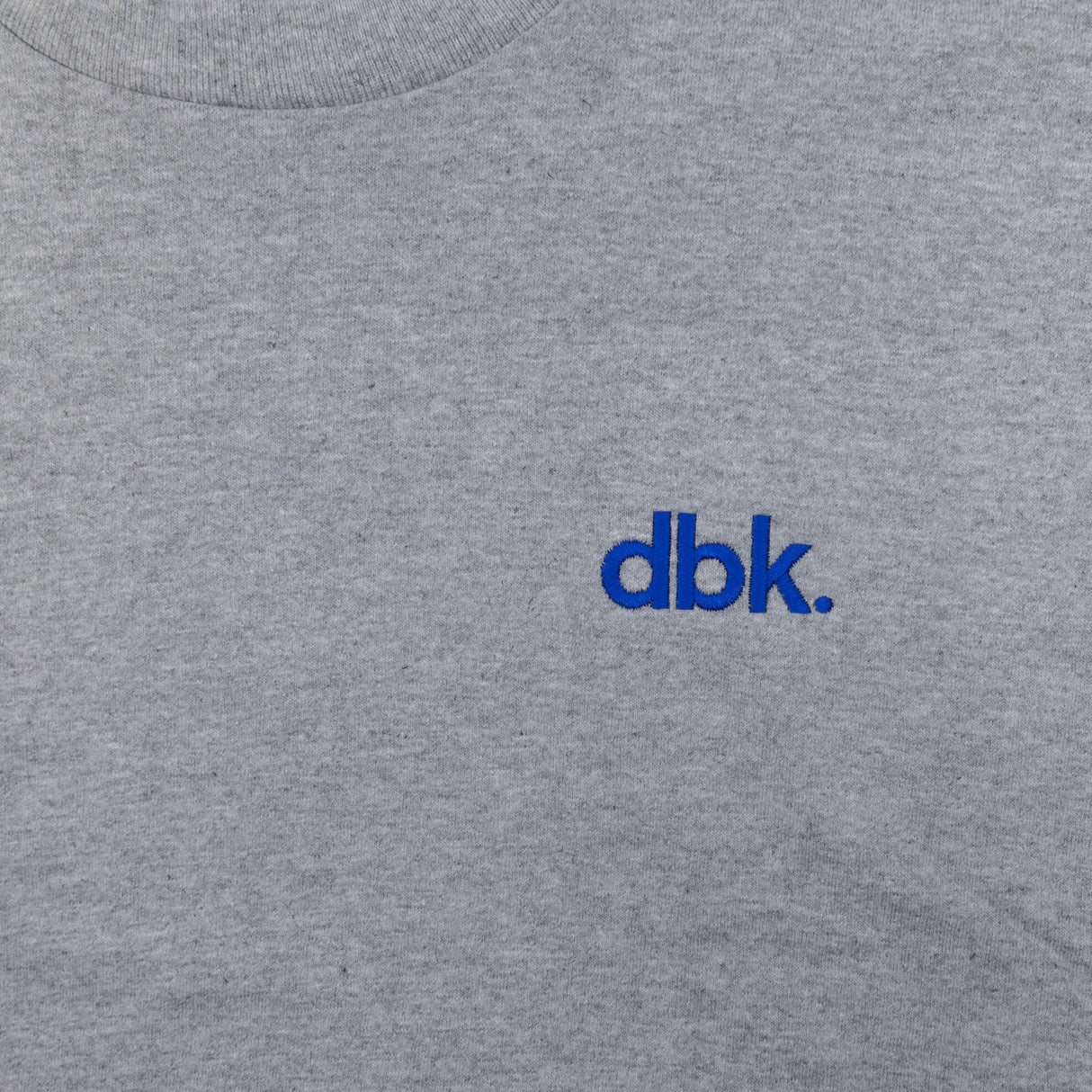 Heather gray crew T-shirt with blue dbk logo on the chest