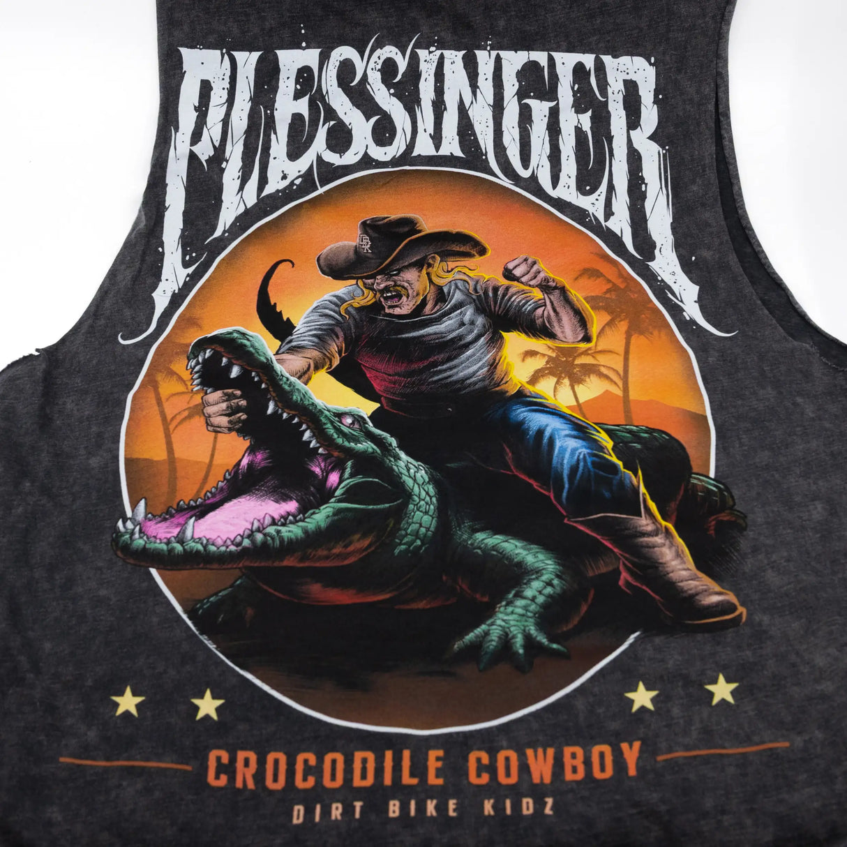 Croc Cowboy AP7 tank top graphic: smiling cowboy riding a green crocodile circle print