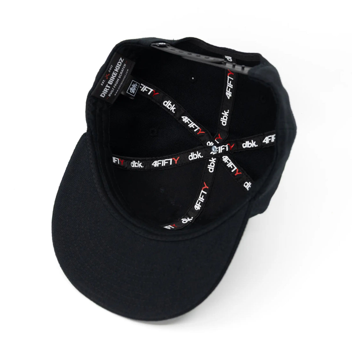 Black snapback interior with repeating printed dbk and 4Fifty graphics