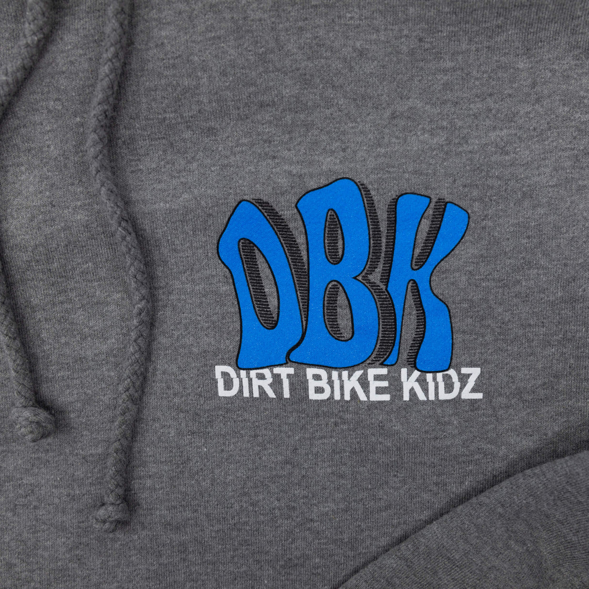 Gray hoodie with blue DBK logo and DIRT BIKE KIDZ lettering, near hem