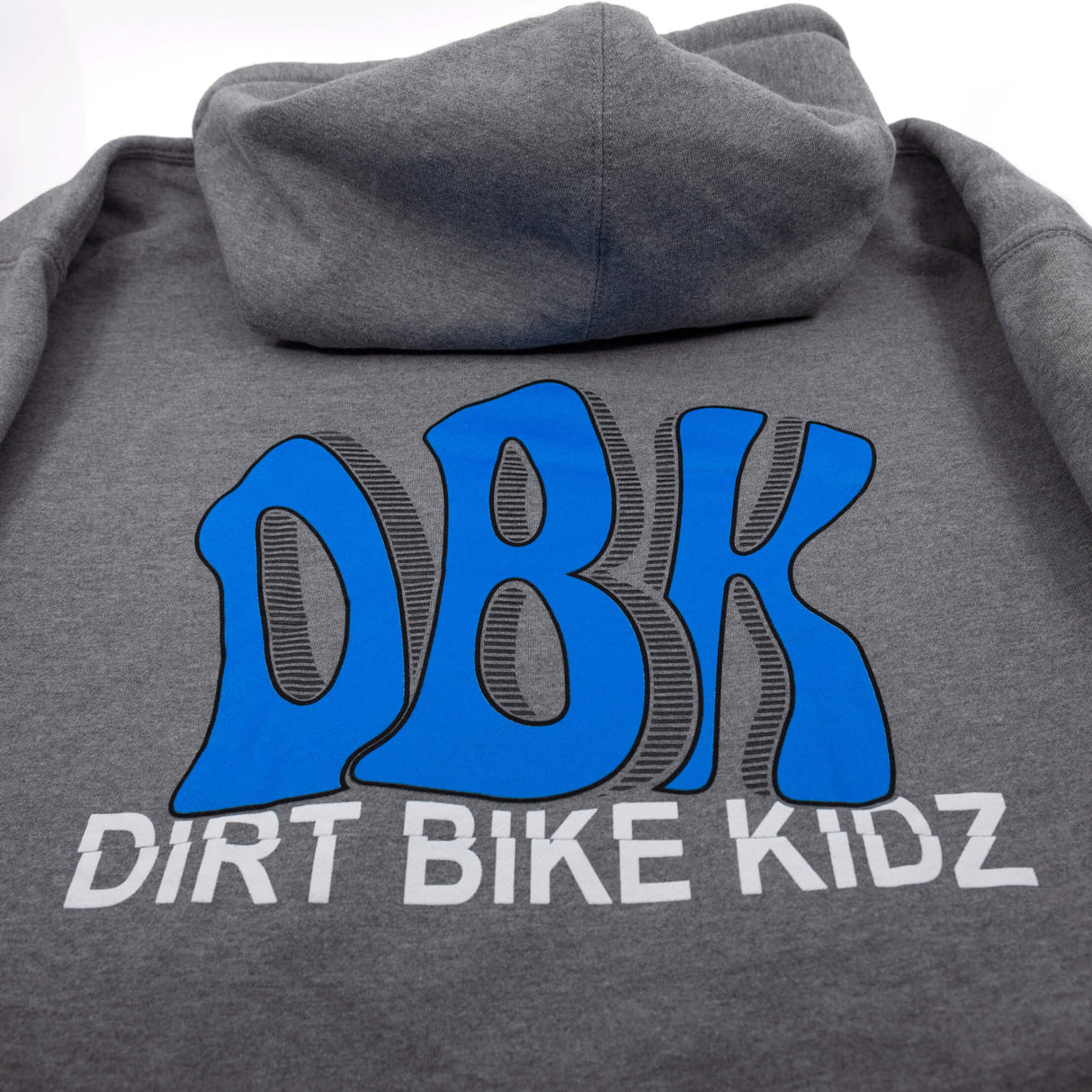 Gray hoodie back with large blue DBK graphic and DIRT BIKE KIDZ lettering