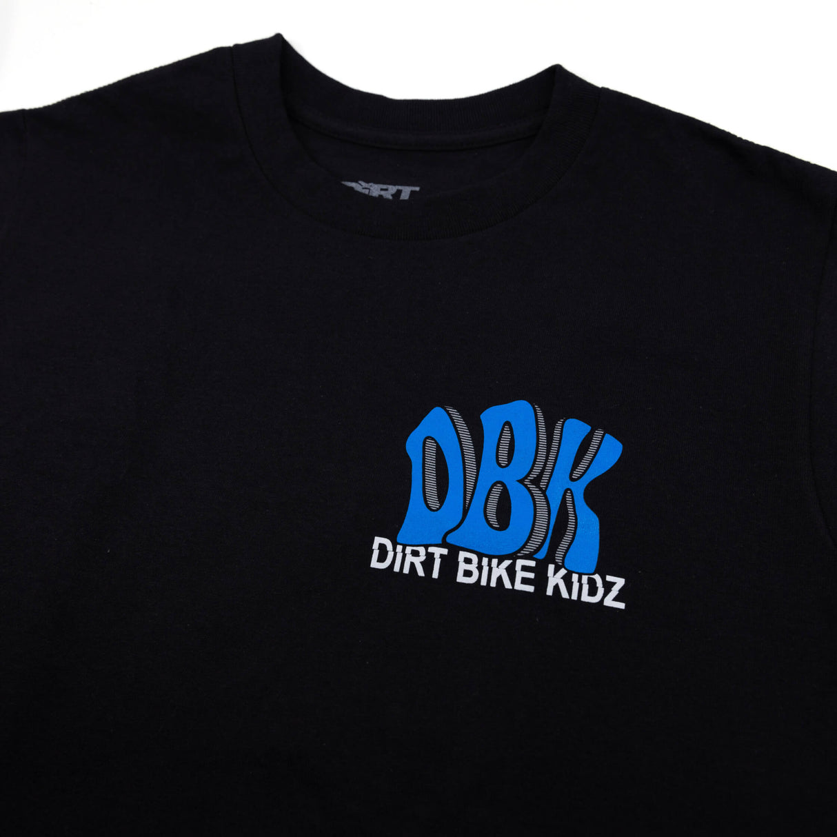 Black short-sleeve tee with blue DBK Dirt Bike Kidz chest logo.
