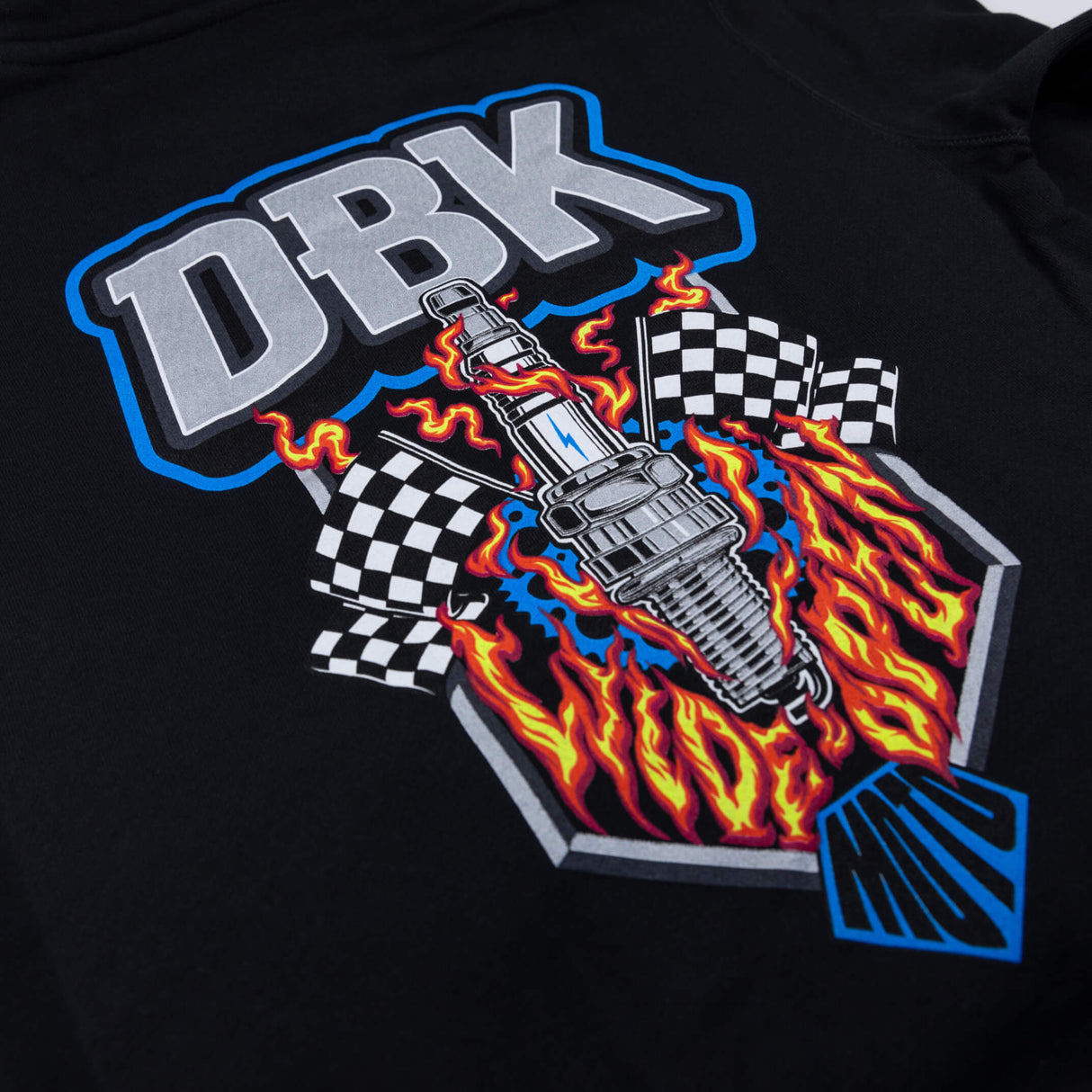 Youth black hoodie close-up of back graphic: “DBK” logo, checkered flags, flames