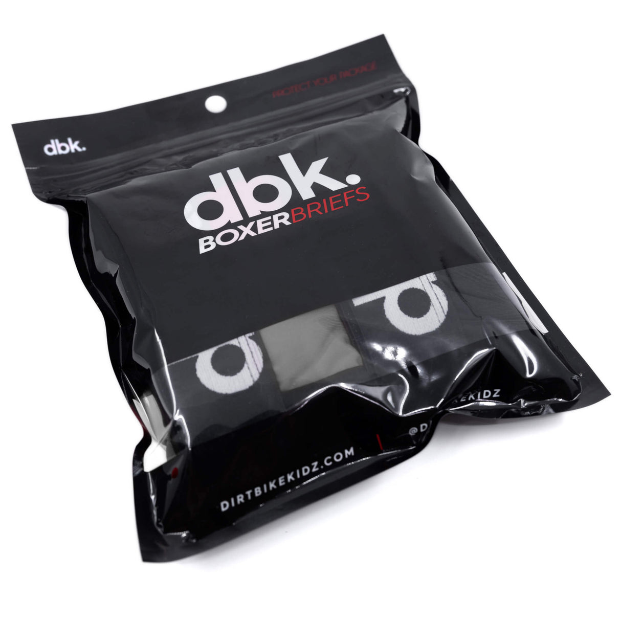 Two-pack boxer briefs branded plastic pouch with dbk Boxer Briefs logo