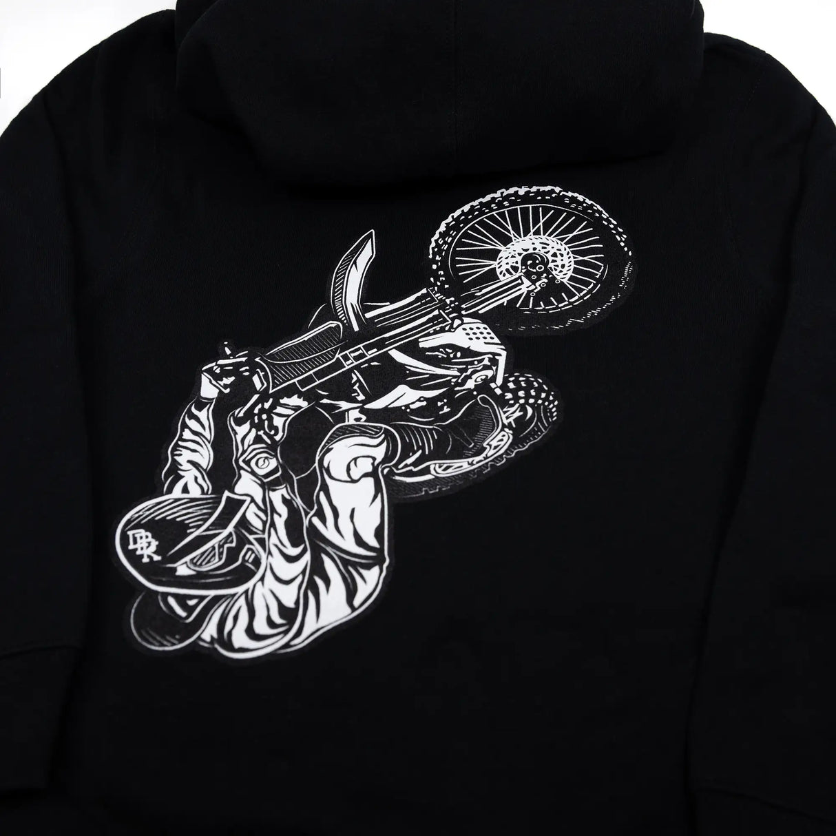 Youth black hoodie close-up of rider and wheel graphic on the back
