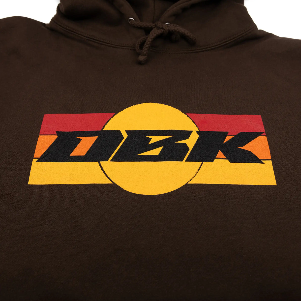 Brown hoodie with large multicolor DJK graphic on front, drawstring hood.