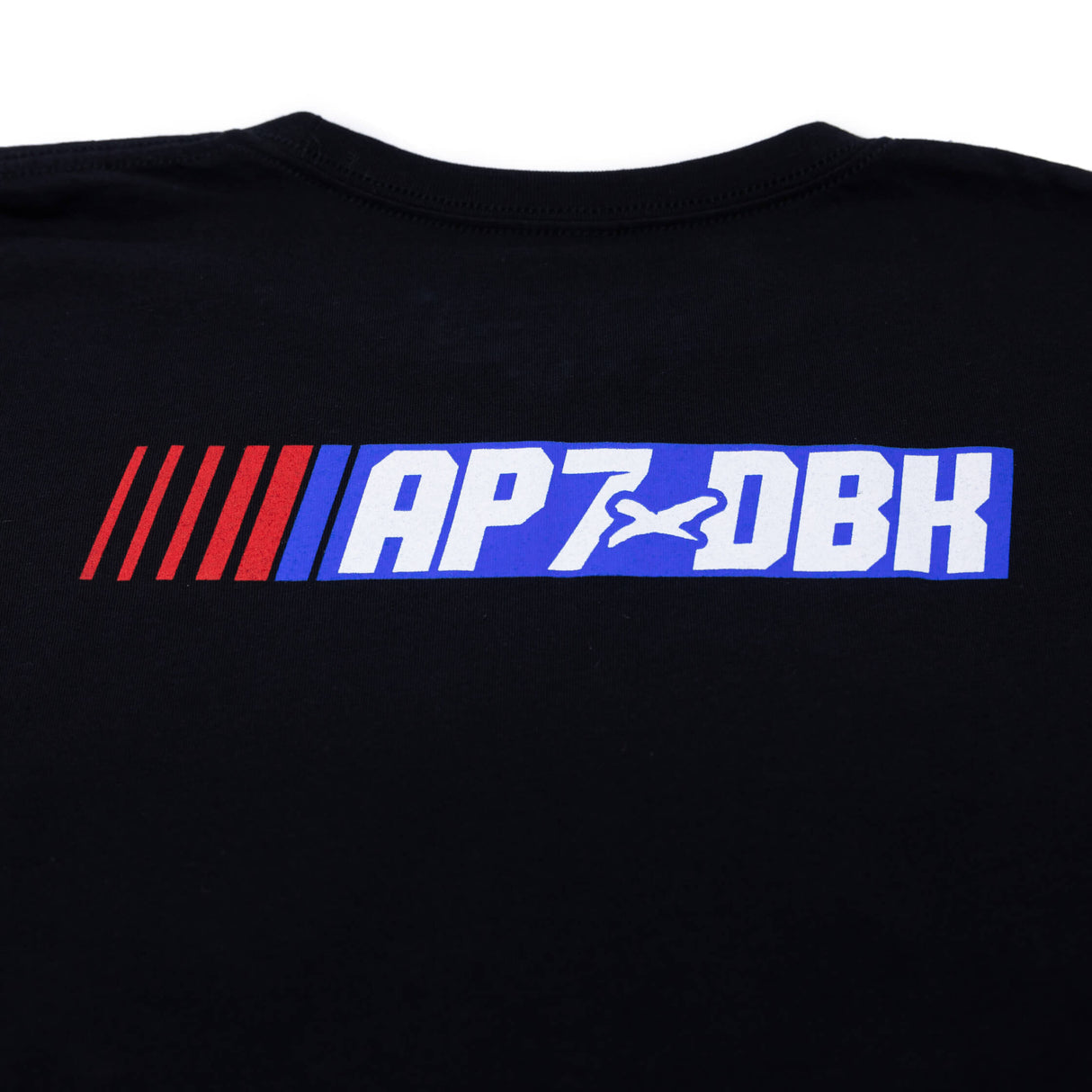 Black youth T-shirt back close-up of blue AP7-DBH striped logo graphic with icons.