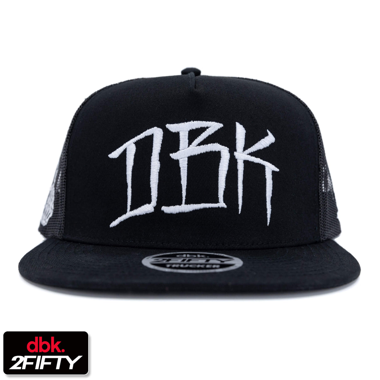 Black trucker cap with white DBK graphic on the front and flat brim