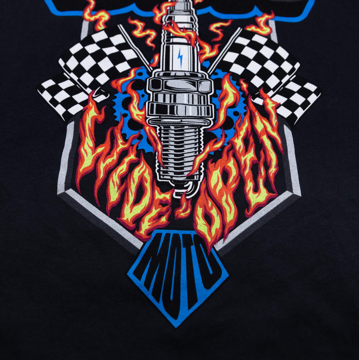 Women's black T-shirt with sparking plug and checkered flame graphic