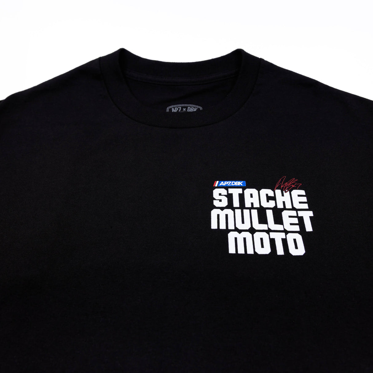 Black youth premium tee with “STACHE MULLET MOTO” chest graphic