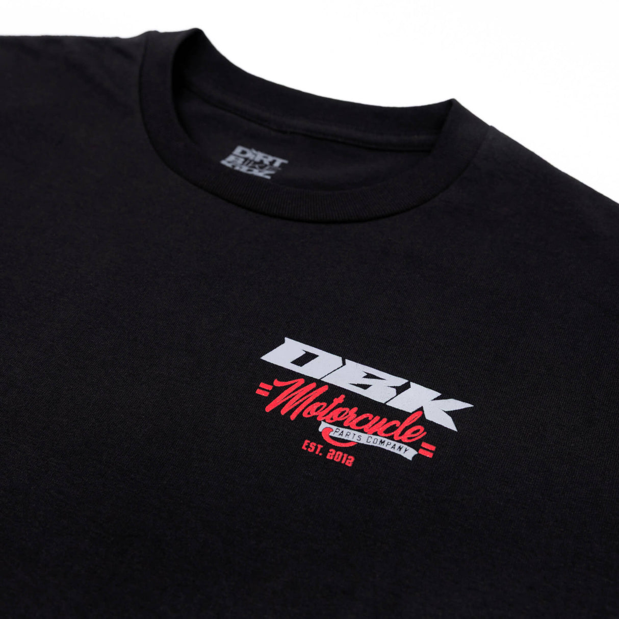 Youth premium T-shirt close-up: black crew neck with DBK Motorcycle chest logo