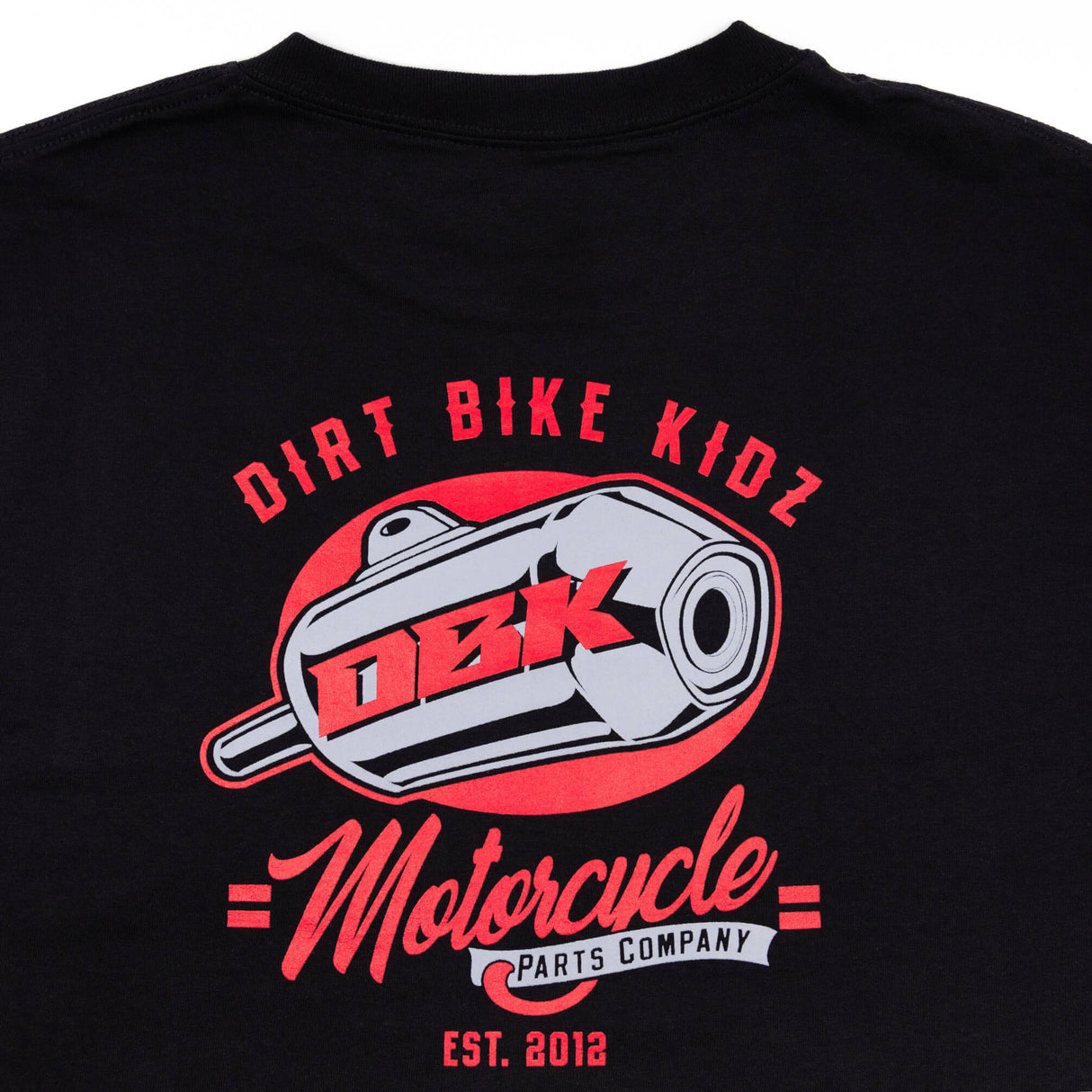 Youth premium T-shirt back close-up: DIRT BIKE KIDZ red text and DBK motocycle