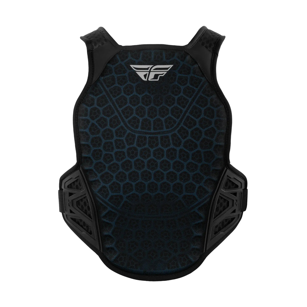 FLY roost guard vest with blue hex pattern and black side panels, back view