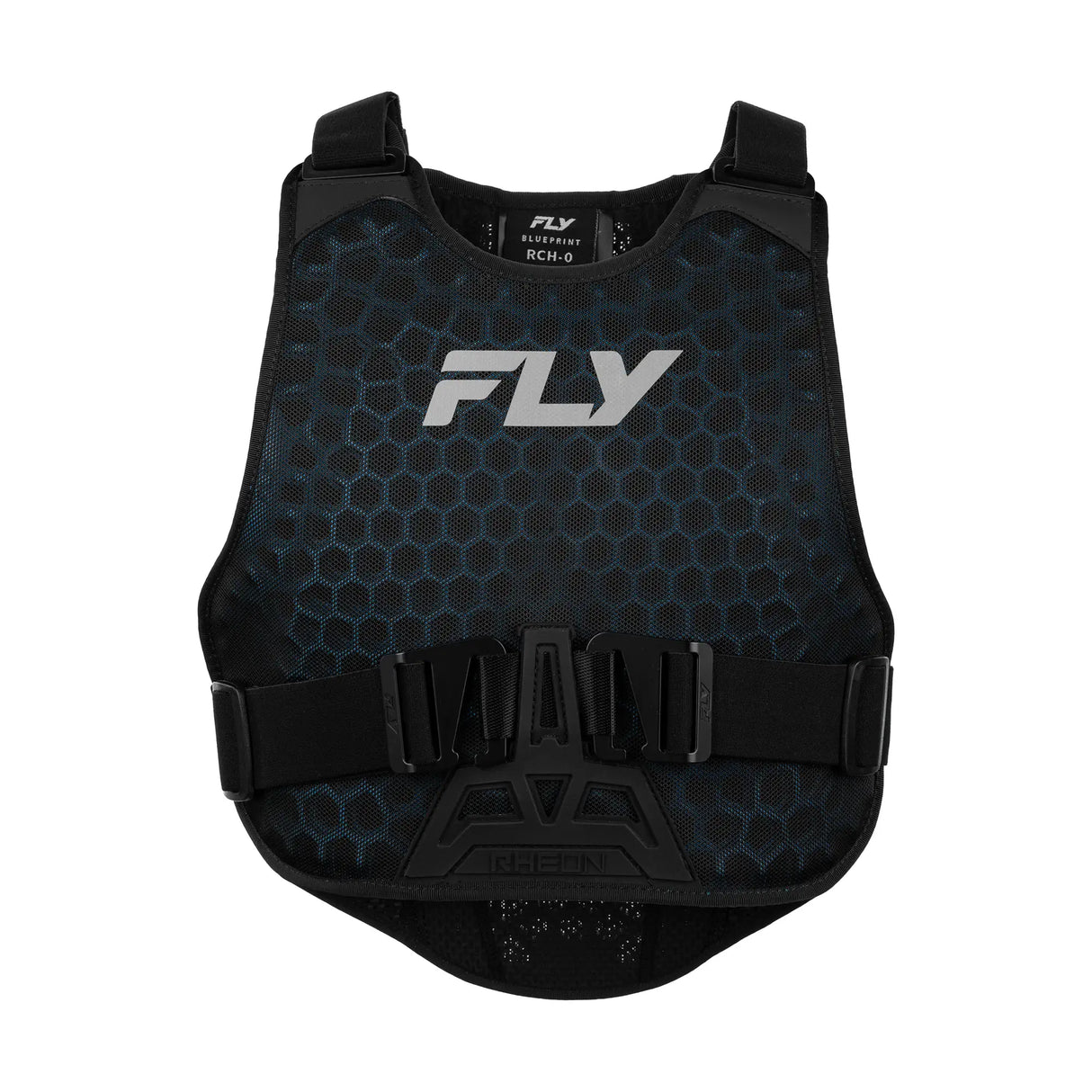 Youth roost guard chest protector with black straps and blue hex patterned shell