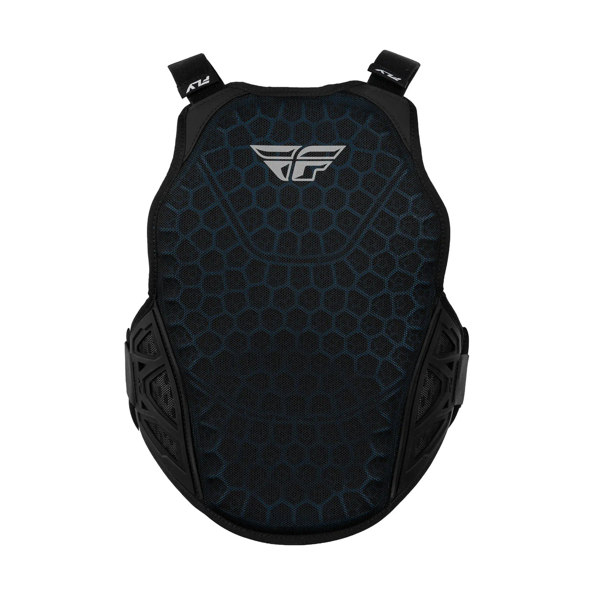 Youth roost guard with blue hex-patterned chest panel and FLY logo, black side pads