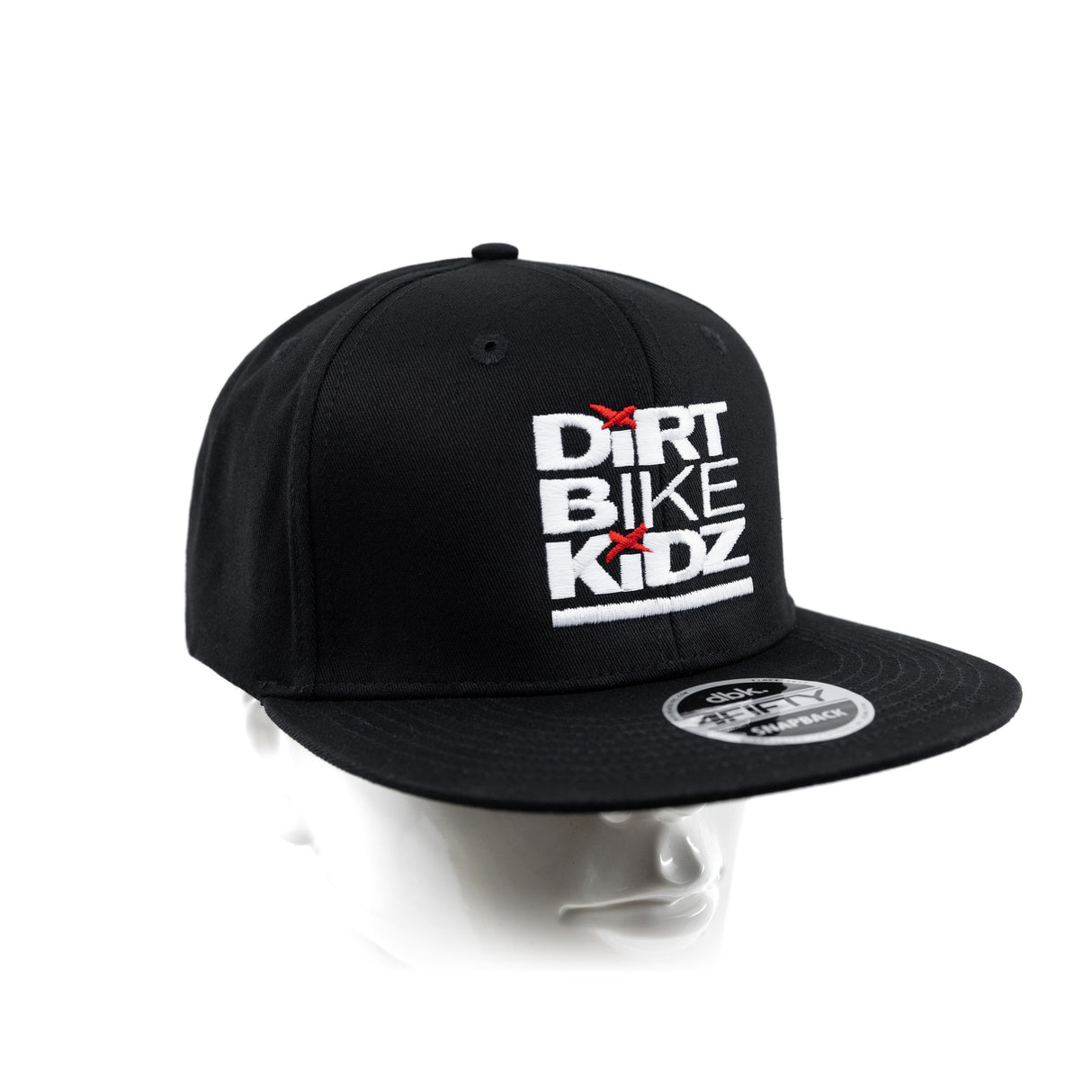 Black snapback hat with Dirt Bike Kidz front logo, side emblem patch, curved brim