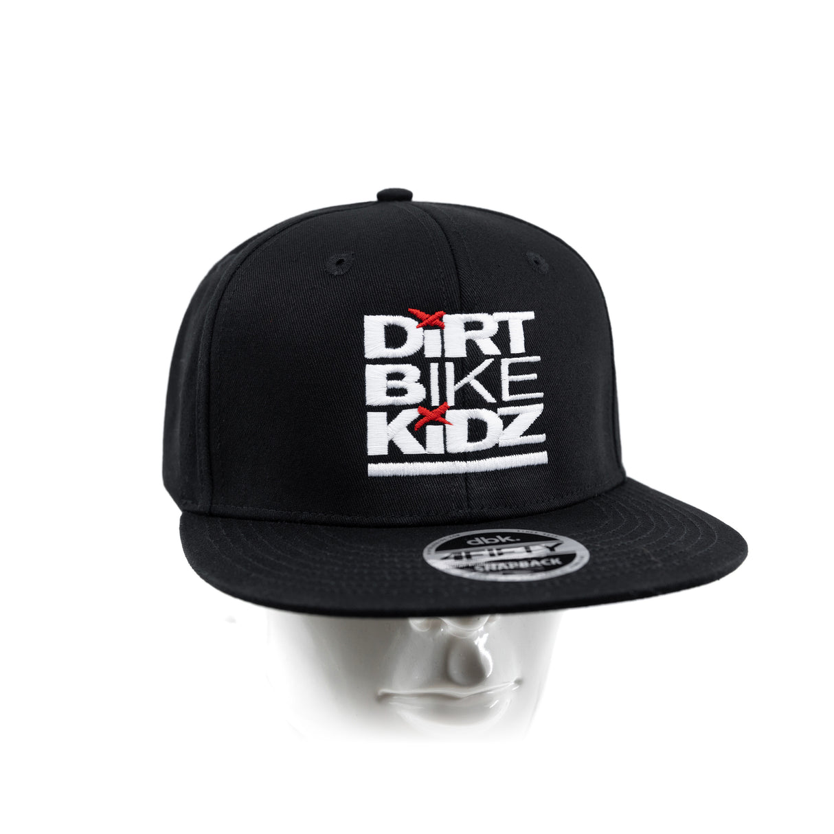 Black snapback hat with Dirt Bike Kidz front logo and curved brim