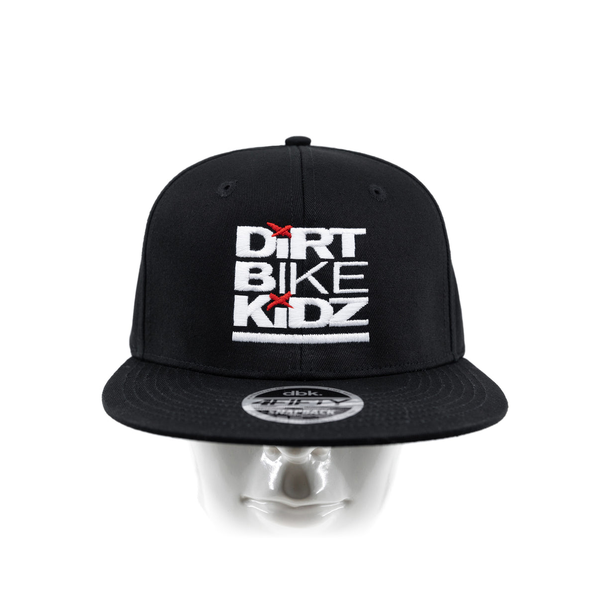 Black snapback hat with Dirt Bike Kidz front logo and circular back patch, curved brim