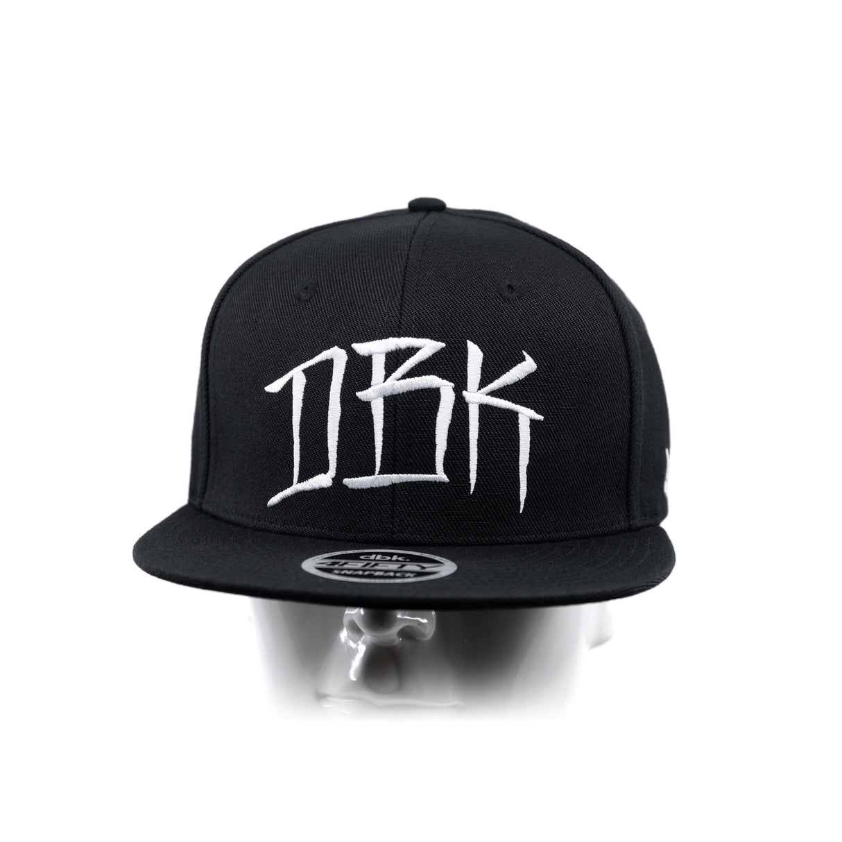 Black snapback cap front view on head mannequin with DBK logo and snapback badge