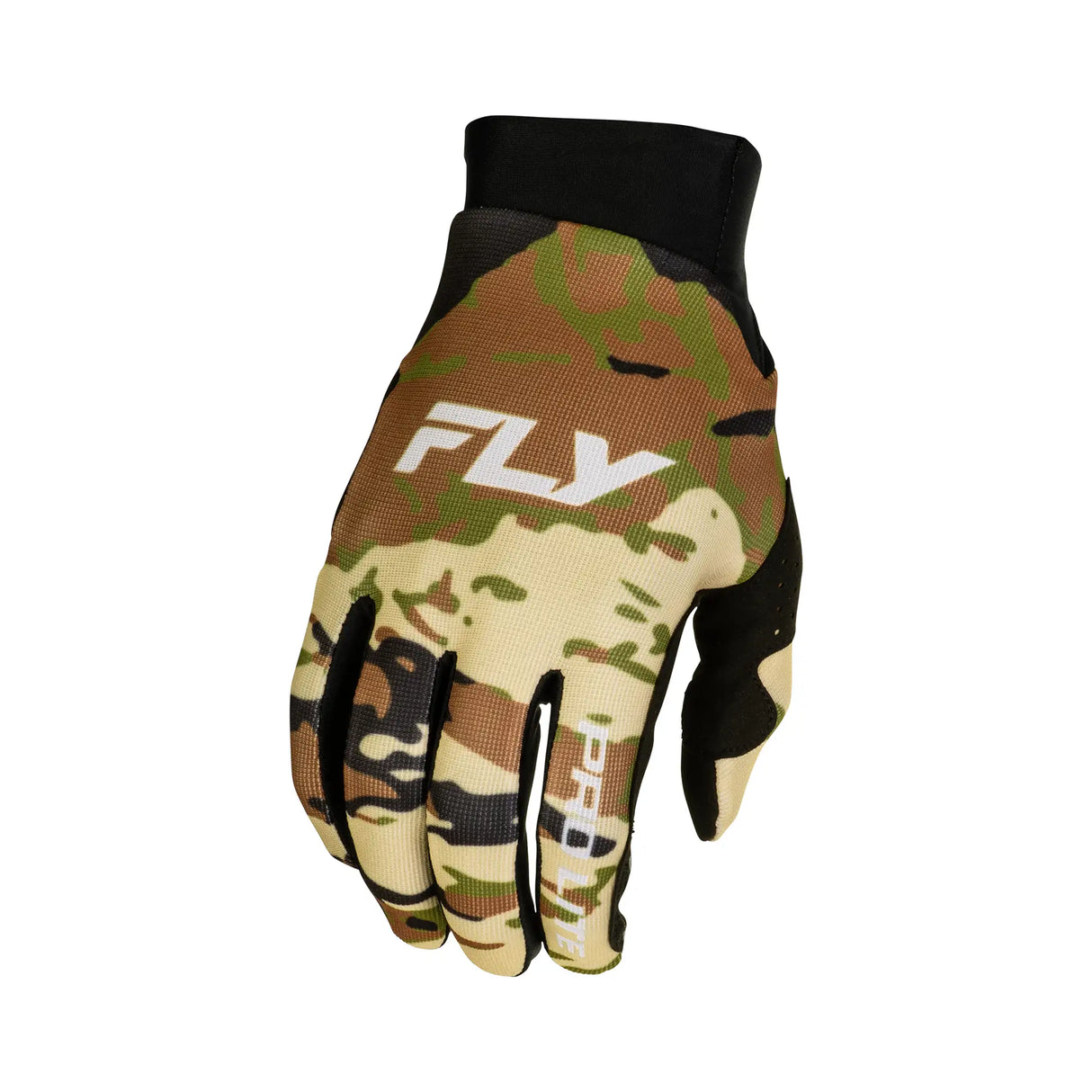 Camouflage cycling gloves with black wrist cuff and touchpad fingertips