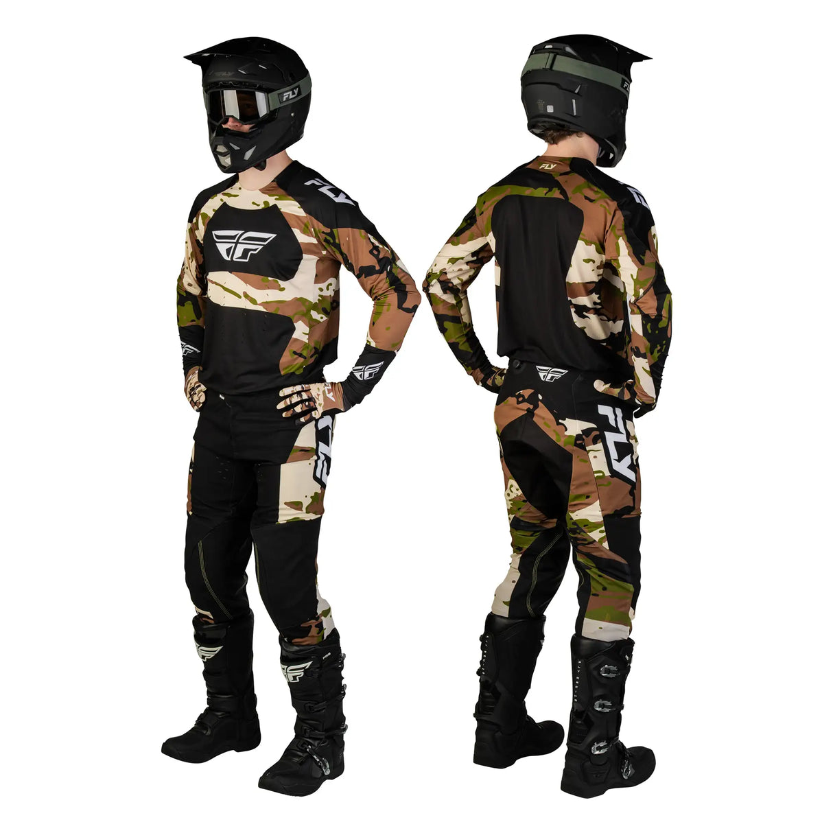 Camo long-sleeve riding jersey worn with full-face helmet and black gloves