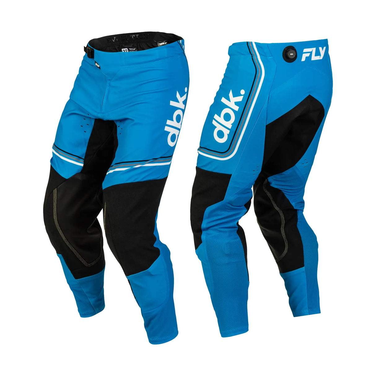 Blue and black motocross pants with 'dbk' print, knee panels, and contrast panels