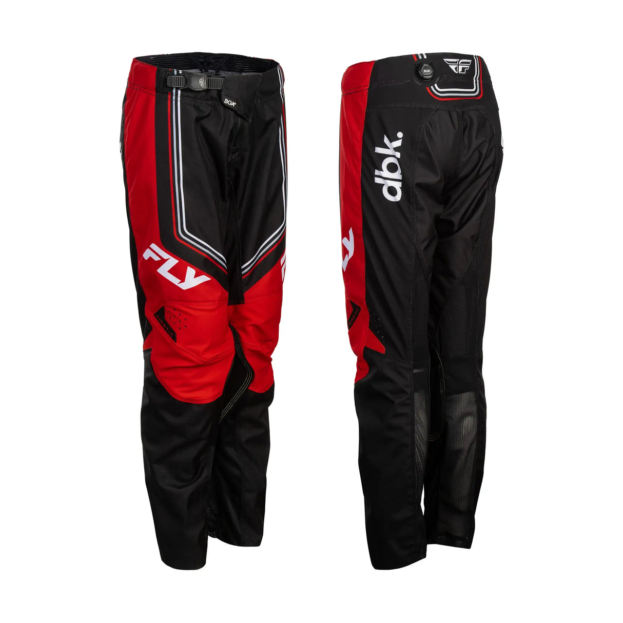 Youth riding pant with black-and-red colorblocking, side stripe, and dbk branding