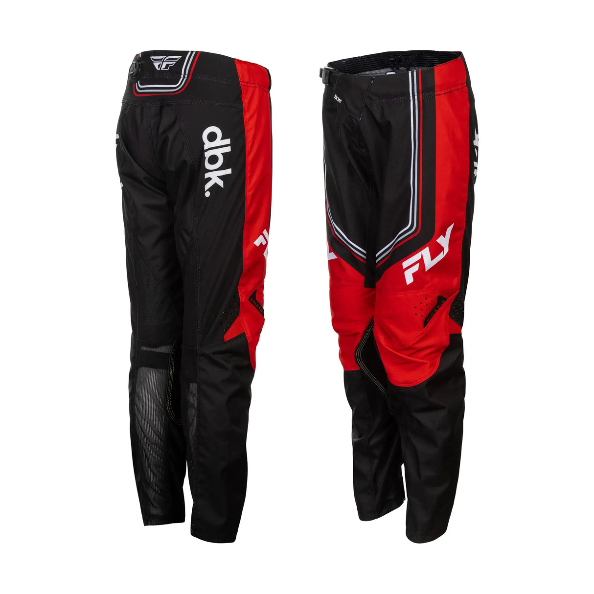 Youth riding pant with white dbk logo and FLY graphic on black-and-red pants