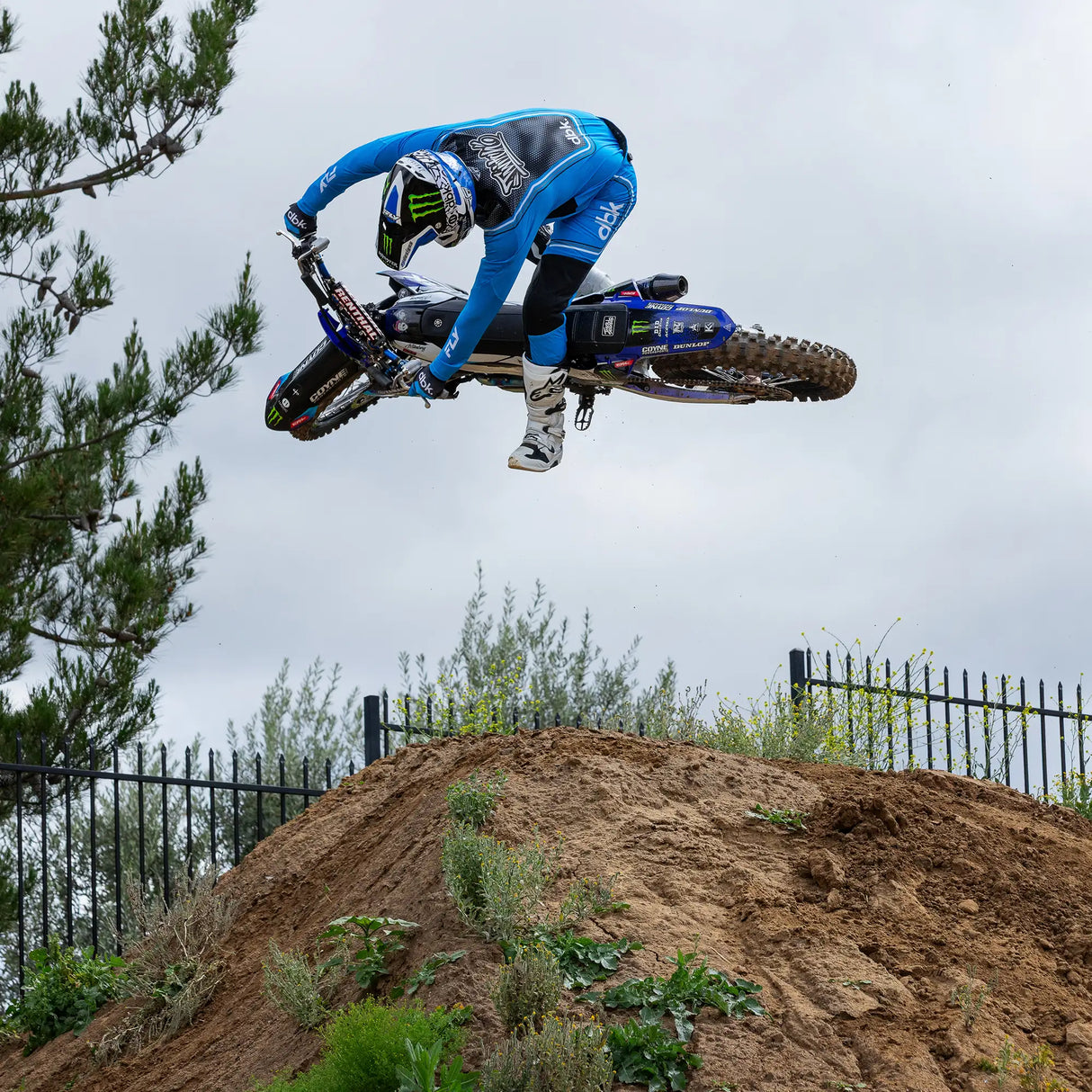 Blue and black motocross gloves gripping handlebars, with printed logos and wrist cuff