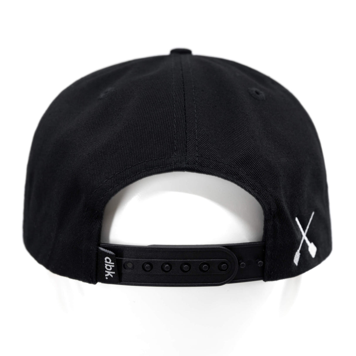Black snapback hat with side strap and white X detail near the brim.