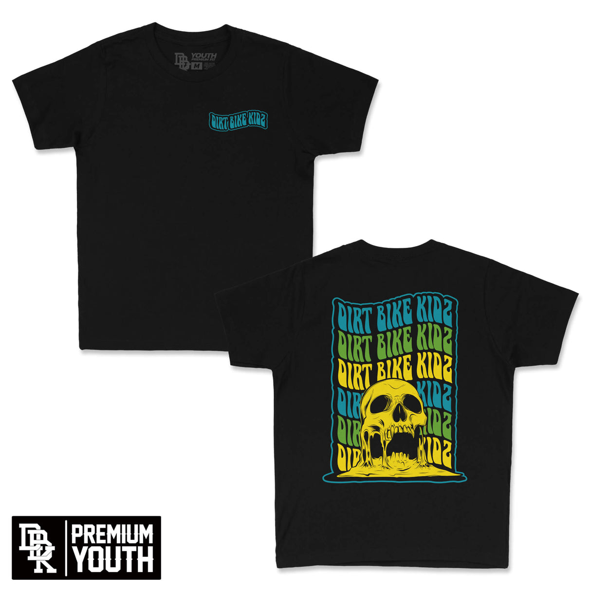 Youth black premium T-shirt with small chest 'Dirt Bike Kidz' print; skull back graphic