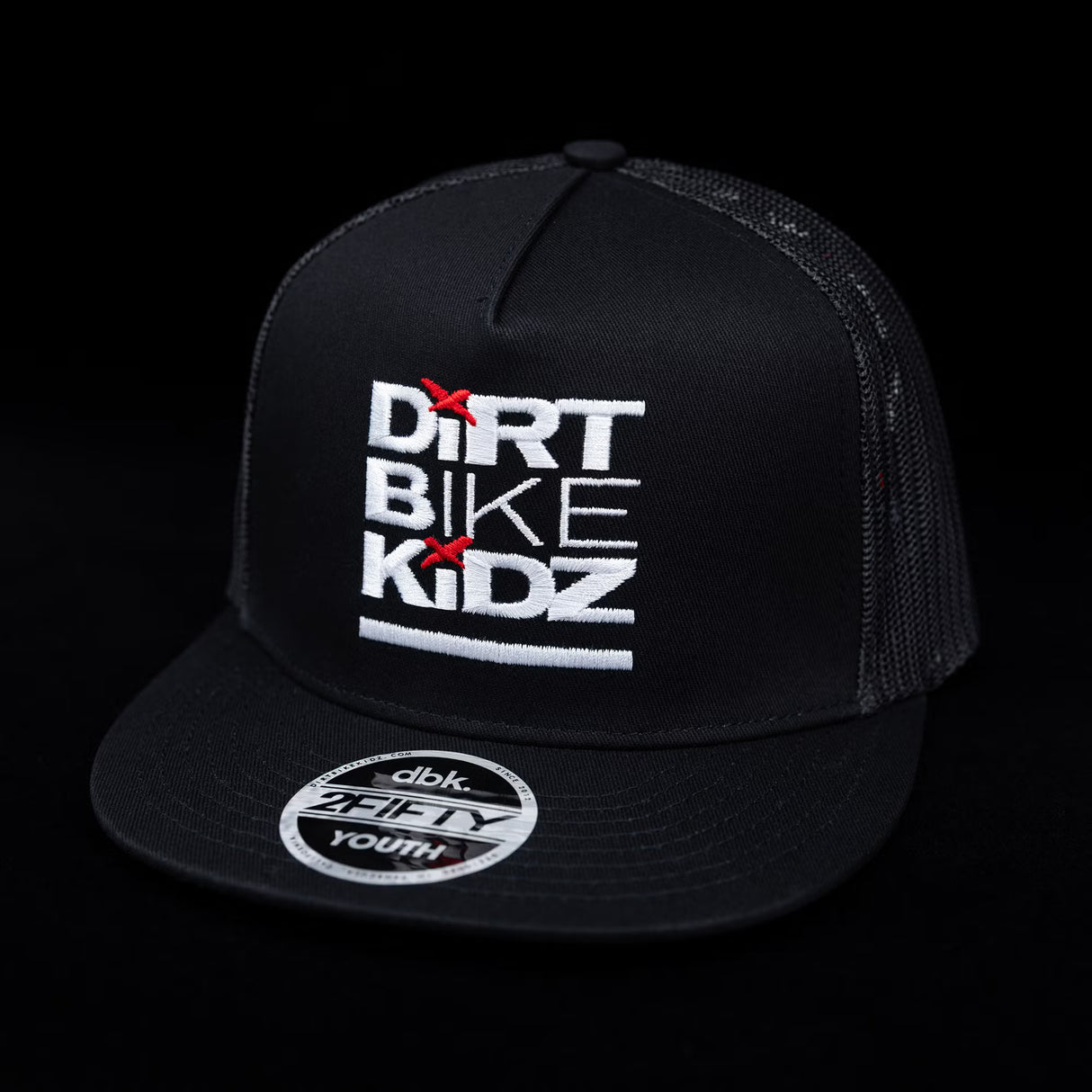 Youth black cap with mesh side panels and 'Dirt Bike Kidz' front logo