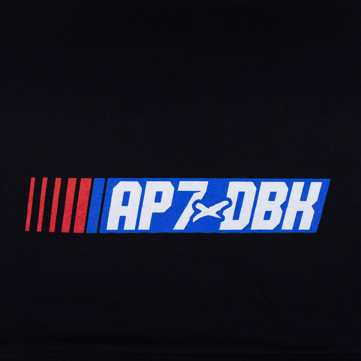 Youth T-shirt in black with 'AP7-DBK' logo stripe graphic on the chest