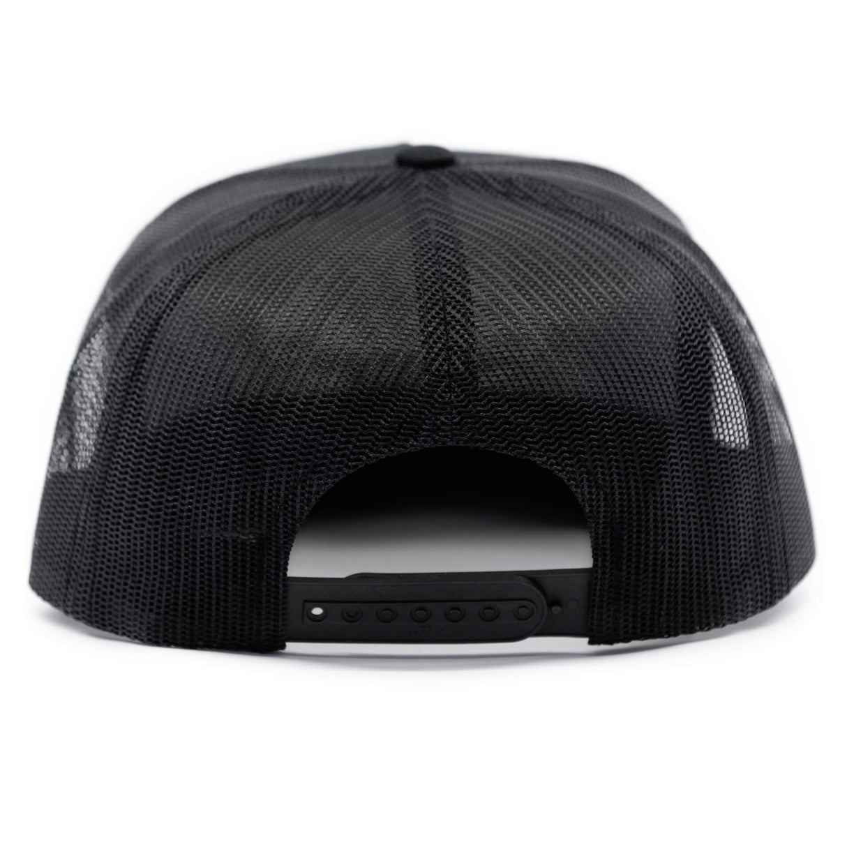 Dark gray mesh trucker hat with black snapback adjuster at the back