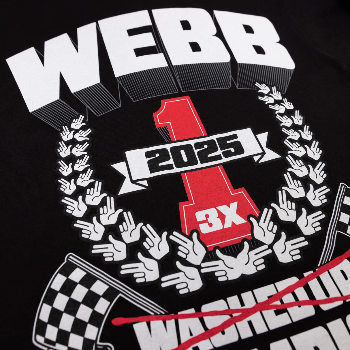 Black youth tee with WEBB 2025 1 and 3x champion logo details