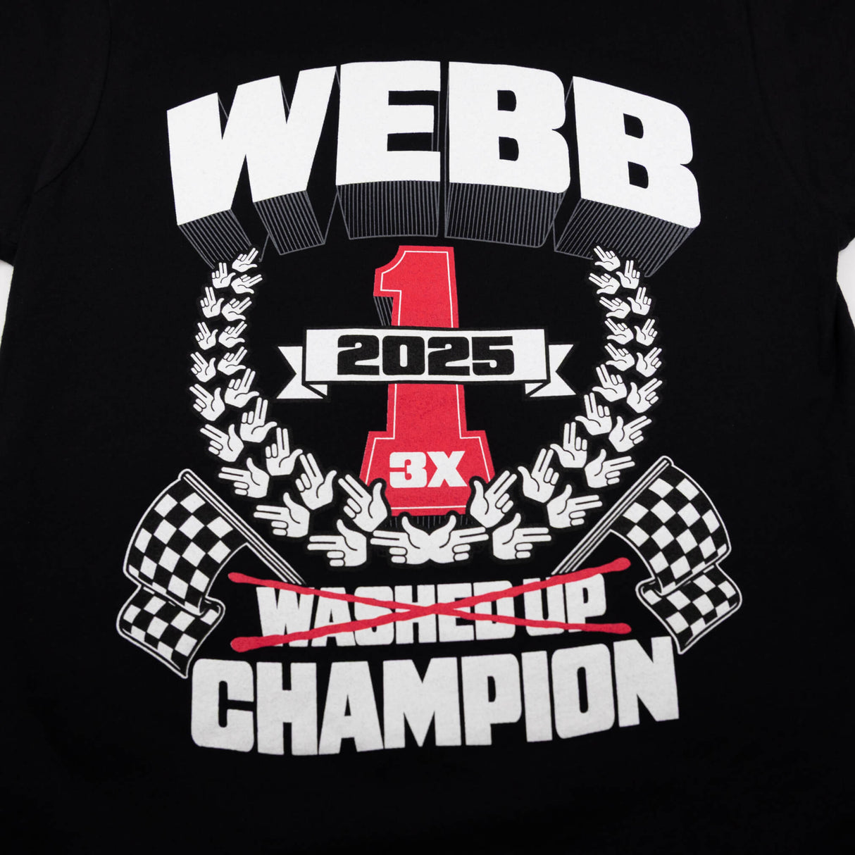 Black youth tee closeup of WEBB 2025 champion race graphic with checkered flags
