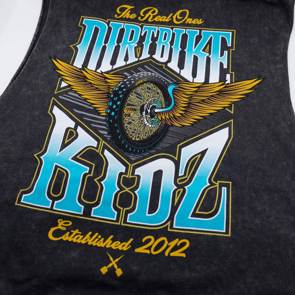 Dark tank top with detailed winged rider wheel graphic print